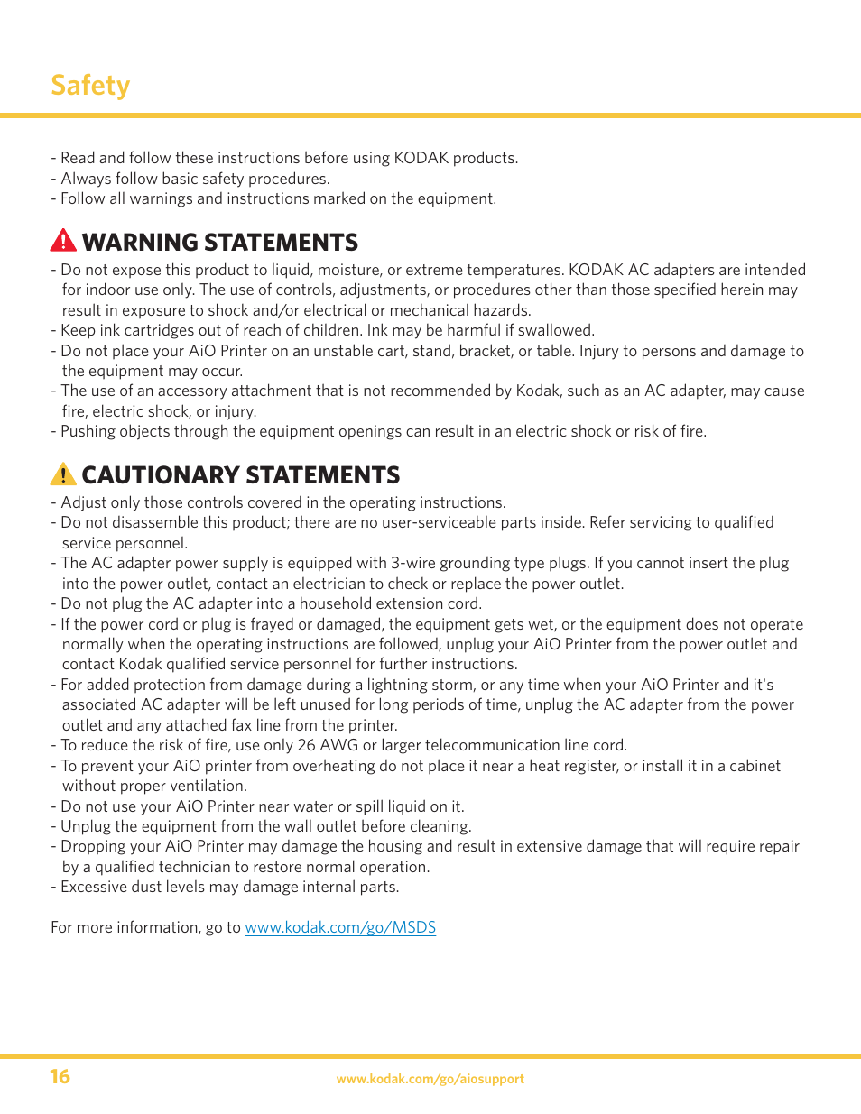 Safety, Warning statements, Cautionary statements | Kodak 5300 User Manual | Page 16 / 20