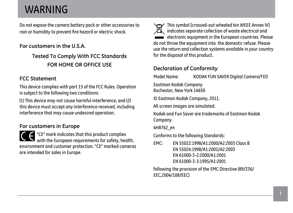 Warning | Kodak FUN SAVER FD3 User Manual | Page 3 / 79