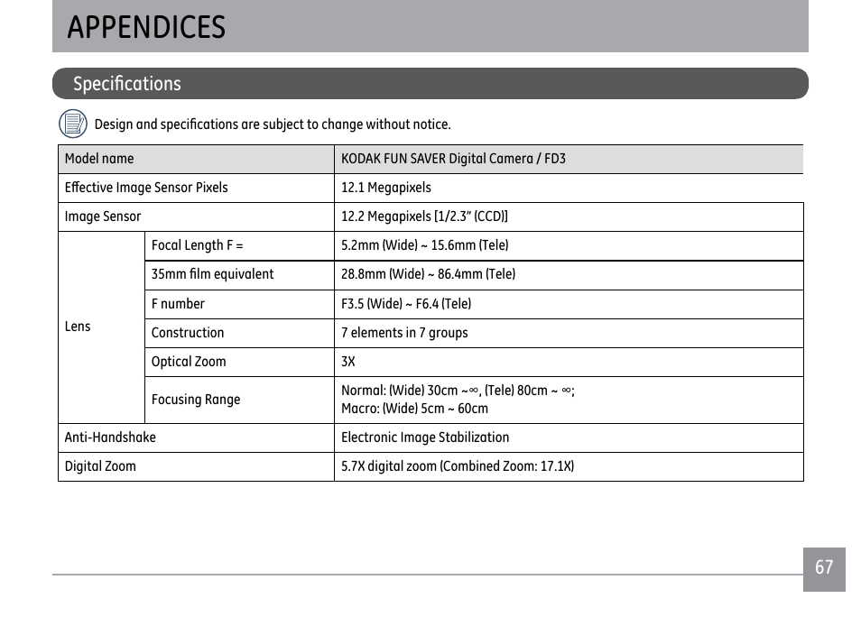 Appendices, Specifications | Kodak FUN SAVER FD3 User Manual | Page 71 / 79