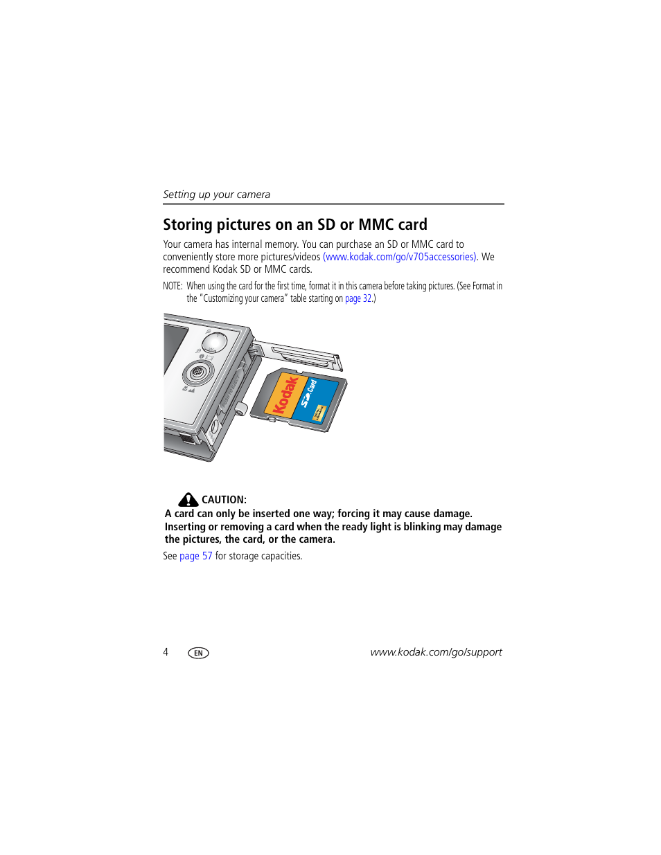 Storing pictures on an sd or mmc card | Kodak V705 User Manual | Page 10 / 76