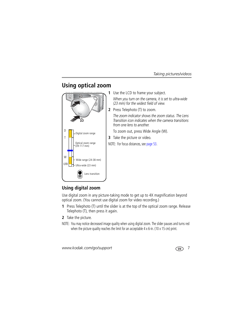 Using digital zoom, Using optical zoom | Kodak V705 User Manual | Page 13 / 76