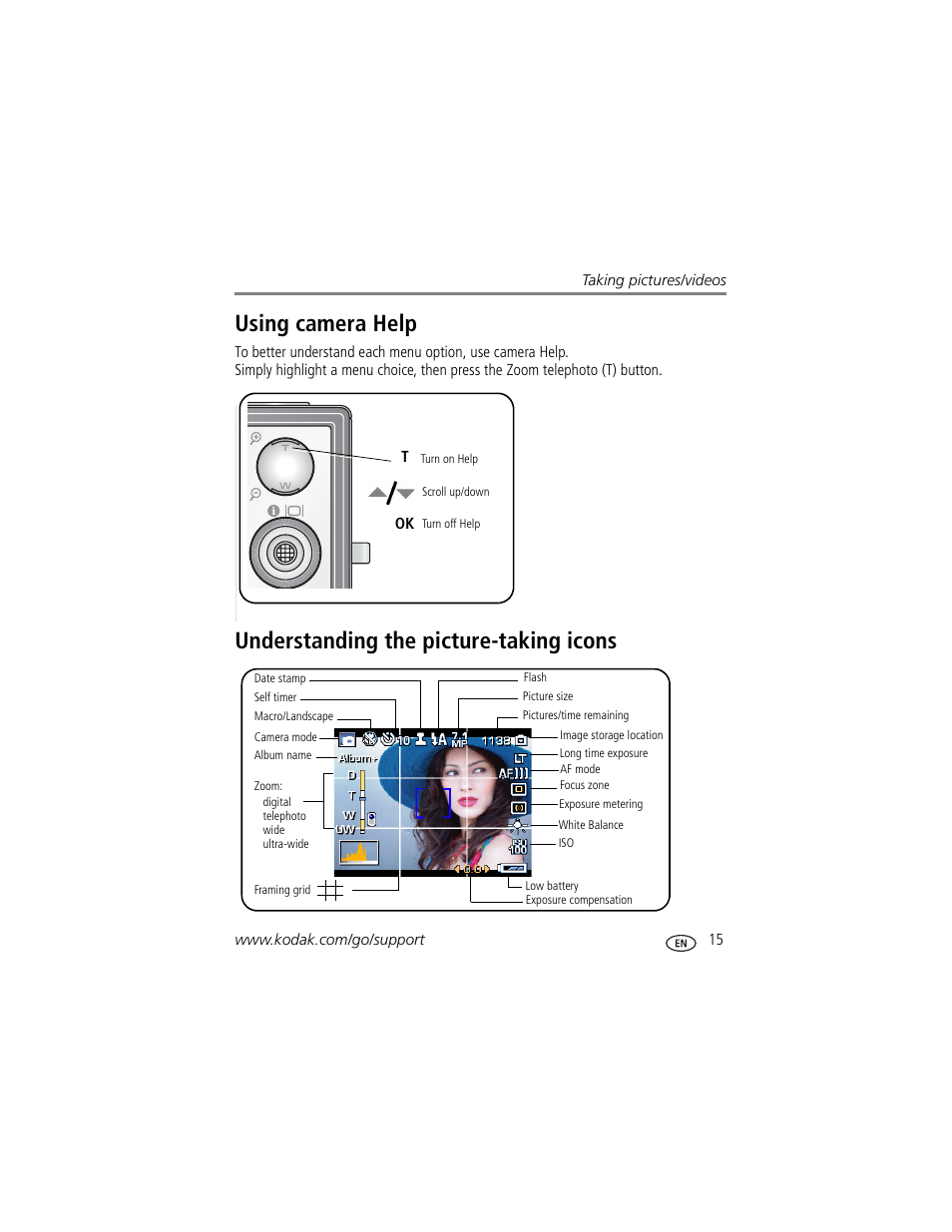 Understanding the picture-taking icons, Using camera help | Kodak V705 User Manual | Page 21 / 76