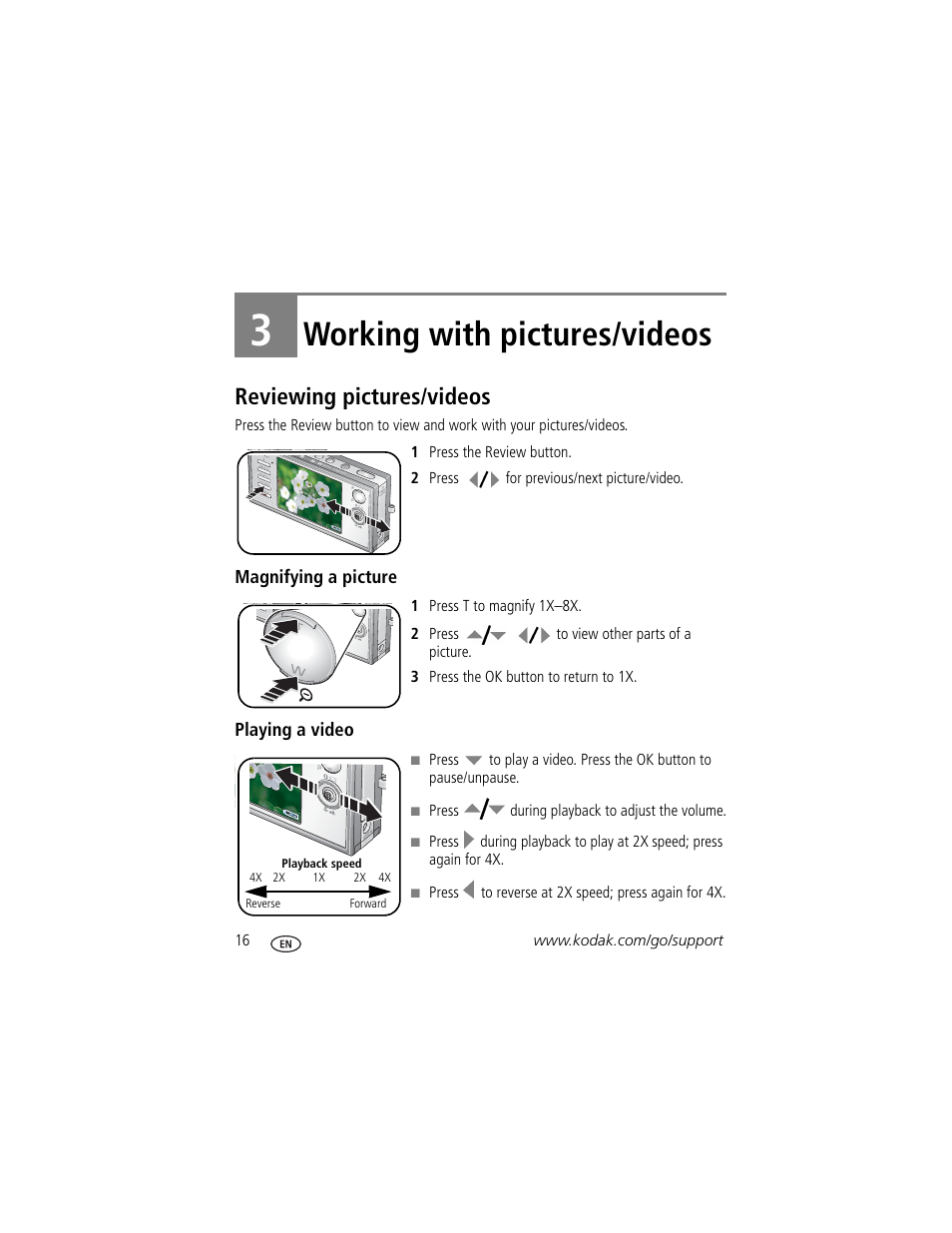 Working with pictures/videos, Reviewing pictures/videos, Magnifying a picture | Playing a video, 3 working with pictures/videos | Kodak V705 User Manual | Page 22 / 76