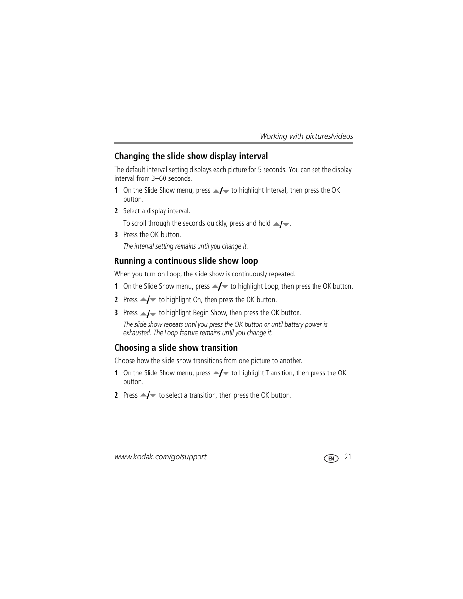 Changing the slide show display interval, Running a continuous slide show loop, Choosing a slide show transition | Kodak V705 User Manual | Page 27 / 76