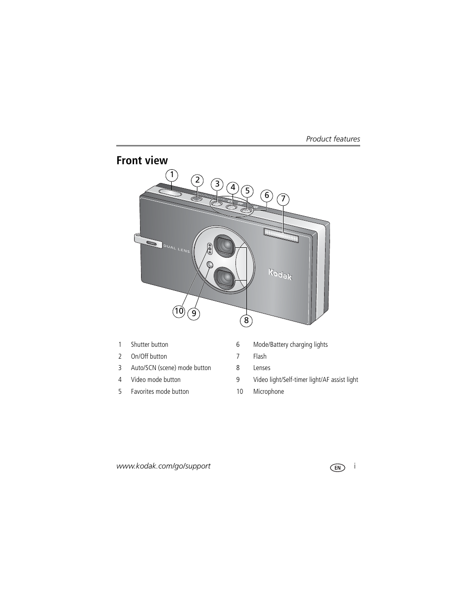 Product features, Front view | Kodak V705 User Manual | Page 3 / 76