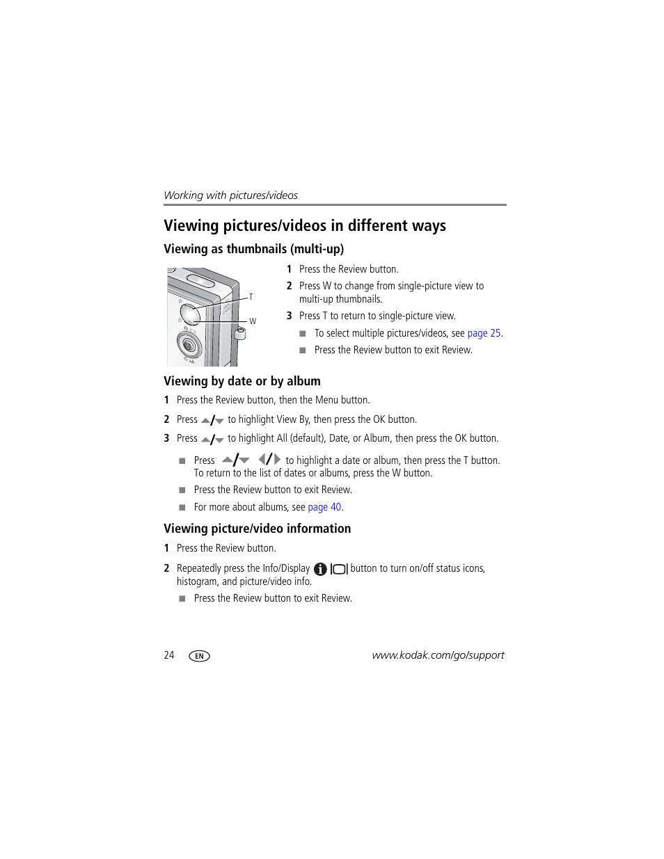 Viewing as thumbnails (multi-up), Viewing by date or by album, Viewing picture/video information | Viewing pictures/videos in different ways | Kodak V705 User Manual | Page 30 / 76