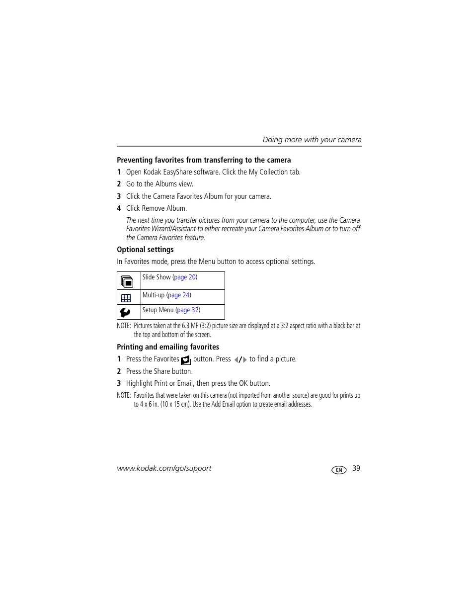 Optional settings, Printing and emailing favorites | Kodak V705 User Manual | Page 45 / 76