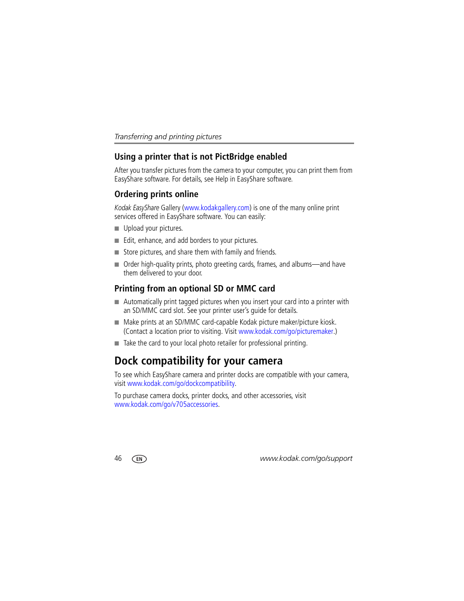 Ordering prints online, Printing from an optional sd or mmc card, Dock compatibility for your camera | Kodak V705 User Manual | Page 52 / 76