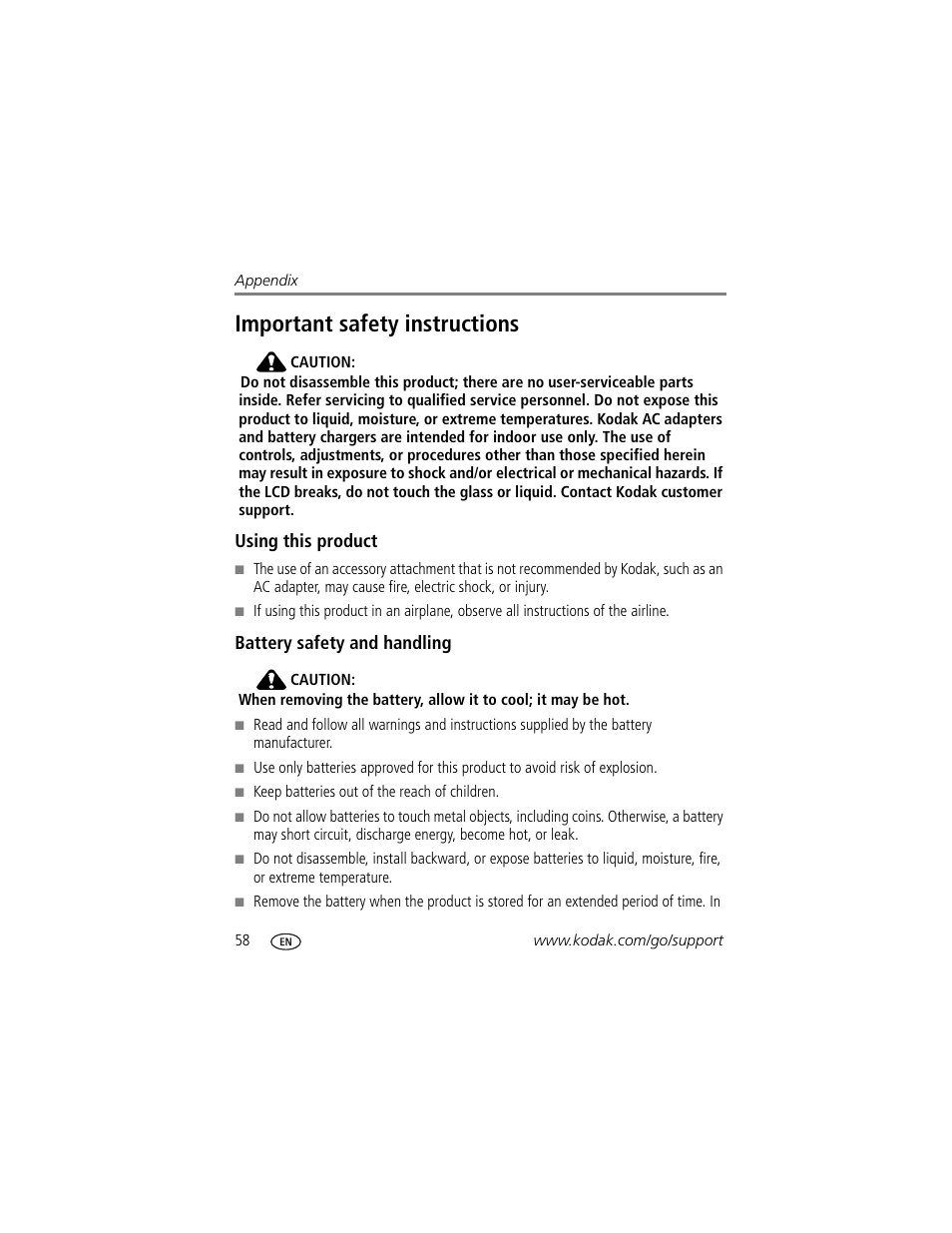 Using this product, Battery safety and handling, Important safety instructions | Kodak V705 User Manual | Page 64 / 76