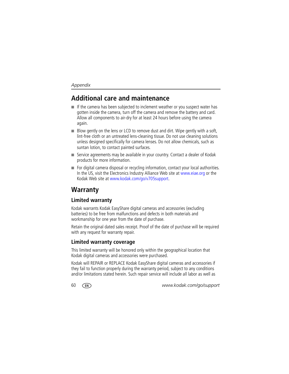 Additional care and maintenance, Warranty, Limited warranty | Limited warranty coverage, Additional care and maintenance warranty, The lens | Kodak V705 User Manual | Page 66 / 76