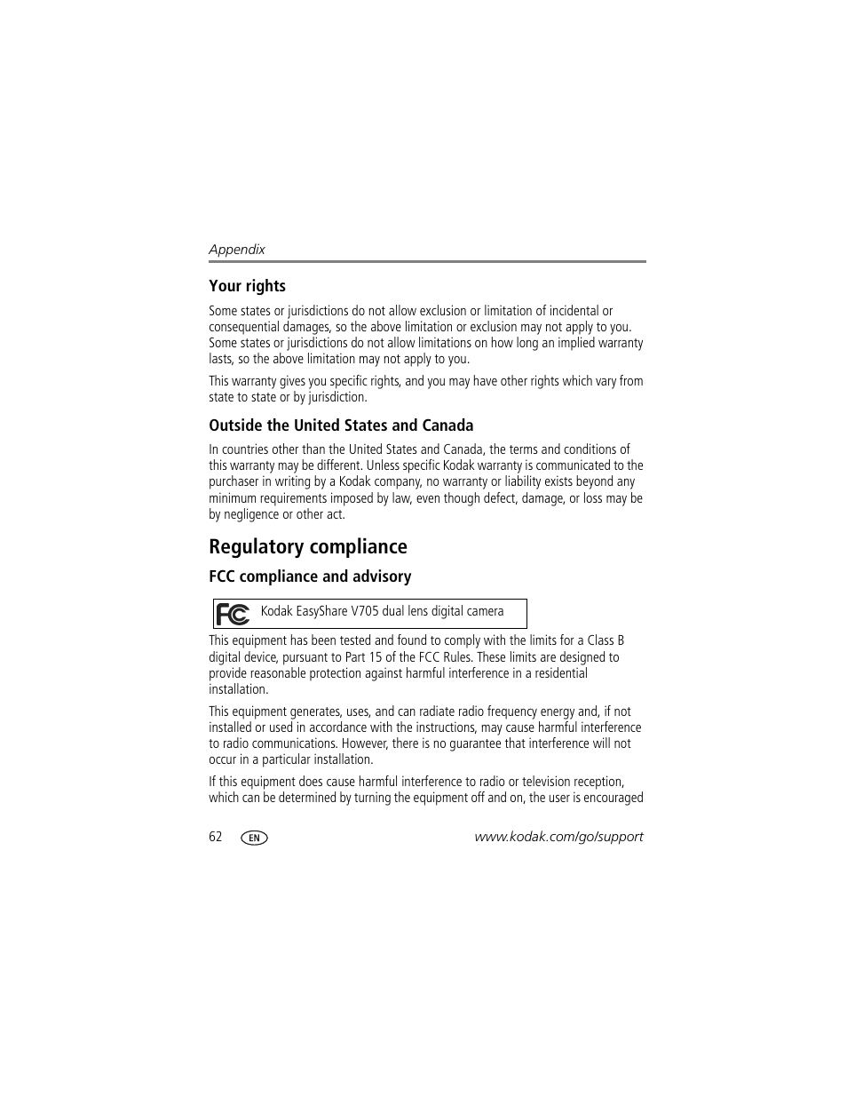 Your rights, Outside the united states and canada, Regulatory compliance | Fcc compliance and advisory | Kodak V705 User Manual | Page 68 / 76