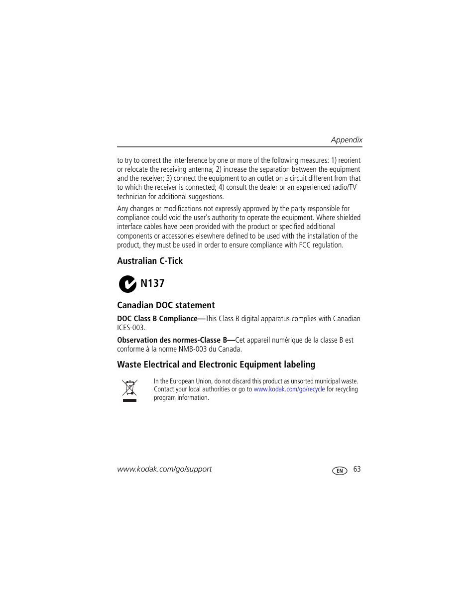 Australian c-tick, Canadian doc statement, Waste electrical and electronic equipment labeling | N137 | Kodak V705 User Manual | Page 69 / 76