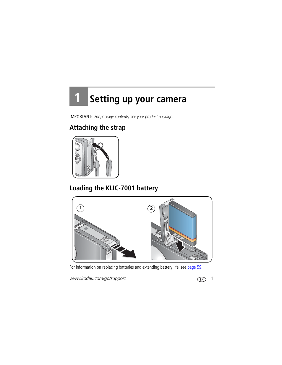 Setting up your camera, Attaching the strap, Loading the klic-7001 battery | 1 setting up your camera, Attaching the strap loading the klic-7001 battery | Kodak V705 User Manual | Page 7 / 76