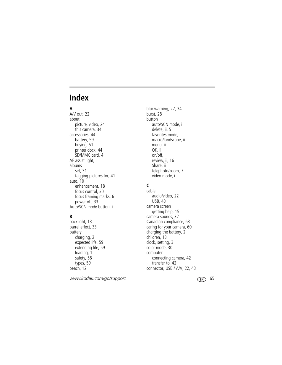 Index | Kodak V705 User Manual | Page 71 / 76