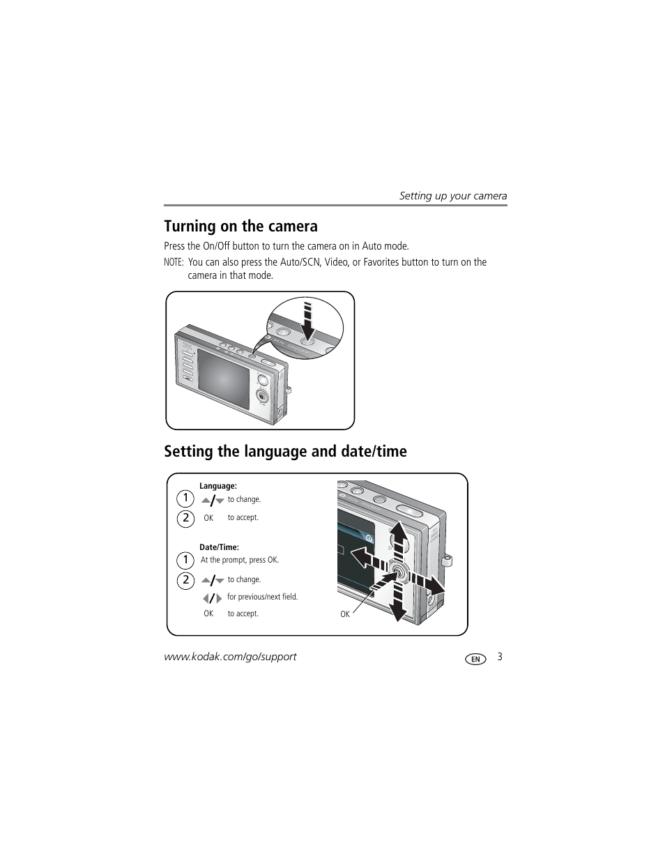 Setting the language and date/time, Turning on the camera | Kodak V705 User Manual | Page 9 / 76