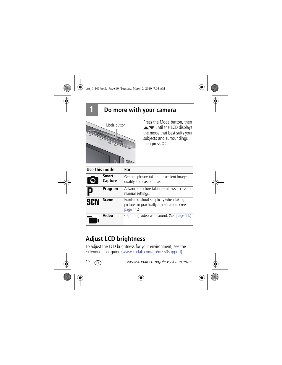 Do more with your camera, Adjust lcd brightness | Kodak M550 User Manual | Page 10 / 29