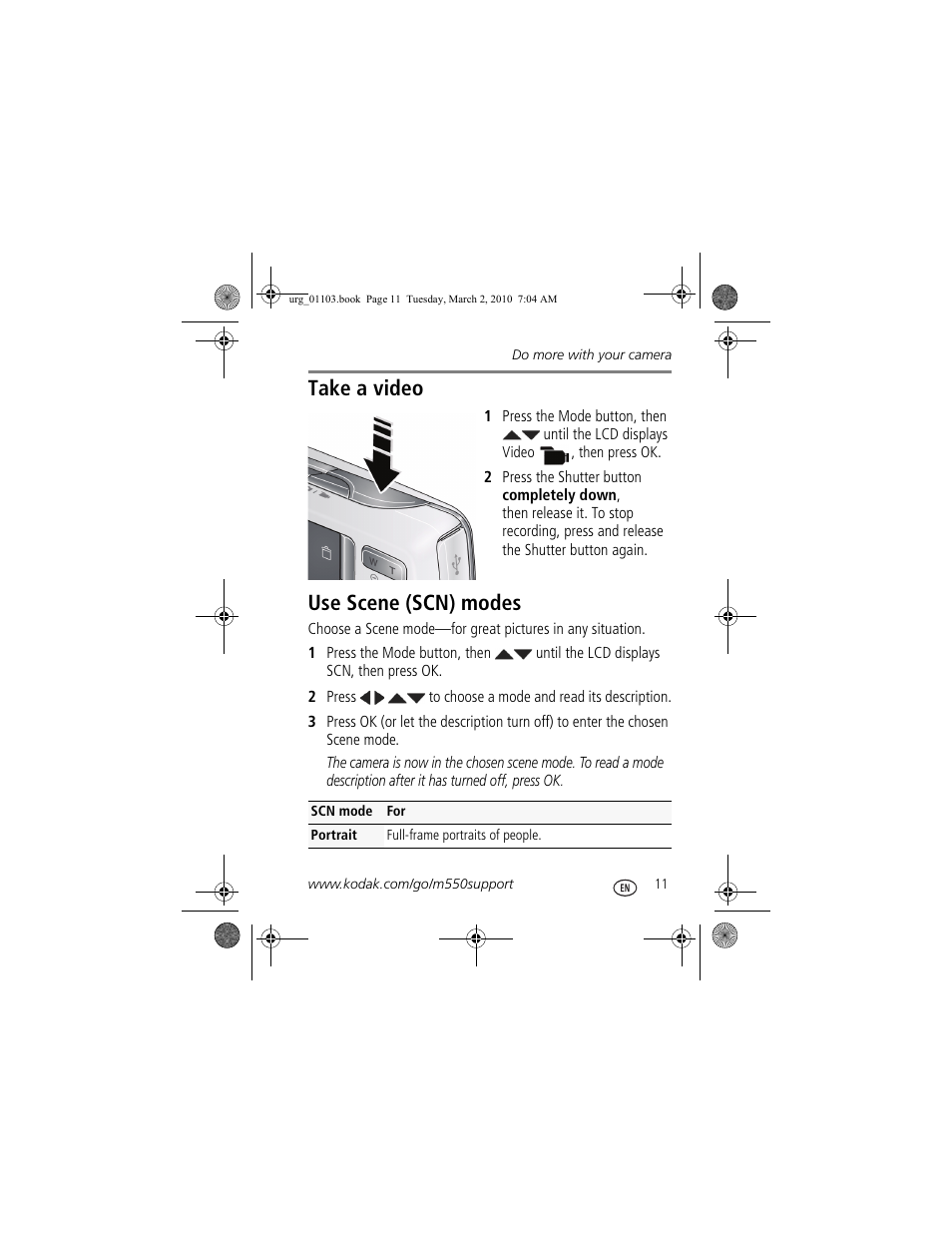Take a video, Use scene (scn) modes | Kodak M550 User Manual | Page 11 / 29