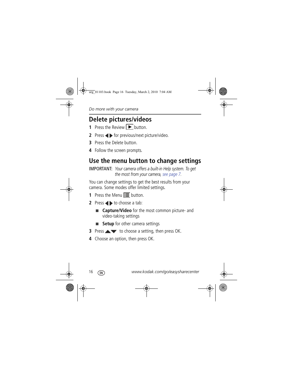 Delete pictures/videos, Use the menu button to change settings | Kodak M550 User Manual | Page 16 / 29