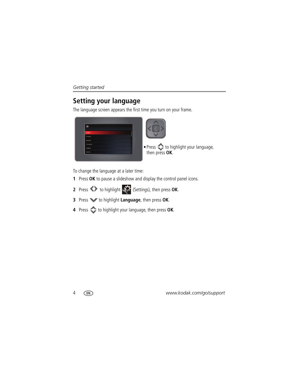 Setting your language | Kodak P87 User Manual | Page 10 / 47