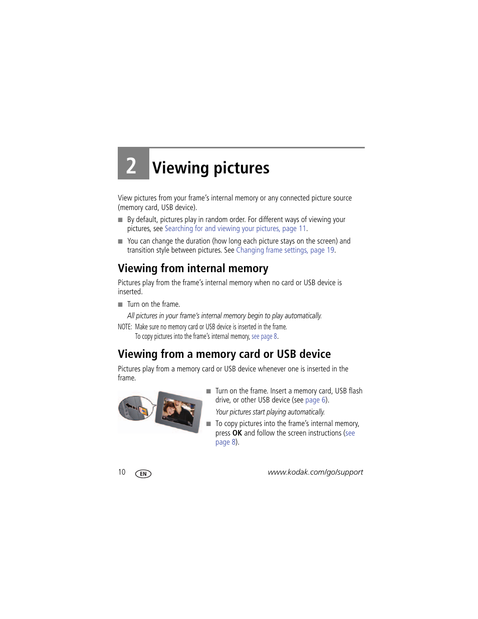 Viewing pictures, Viewing from internal memory, Viewing from a memory card or usb device | 2 viewing pictures | Kodak P87 User Manual | Page 16 / 47