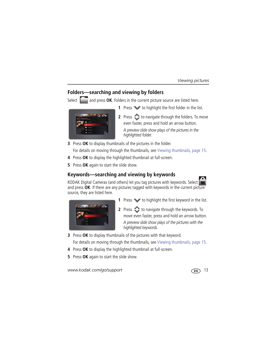 Folders—searching and viewing by folders, Keywords—searching and viewing by keywords | Kodak P87 User Manual | Page 19 / 47
