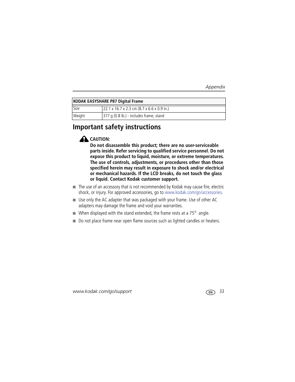 Important safety instructions | Kodak P87 User Manual | Page 39 / 47