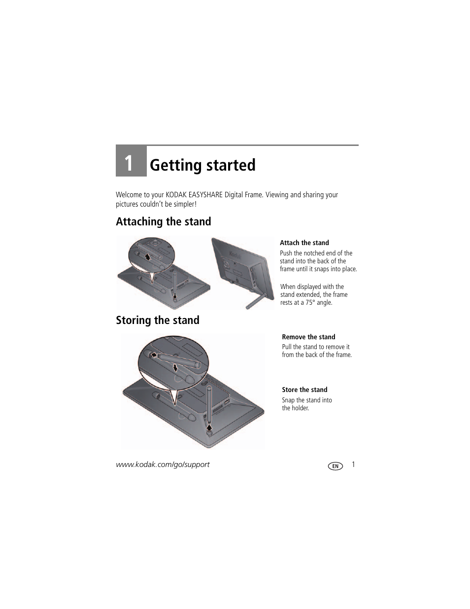 Getting started, Attaching the stand, Storing the stand | 1 getting started, Attaching the stand storing the stand | Kodak P87 User Manual | Page 7 / 47