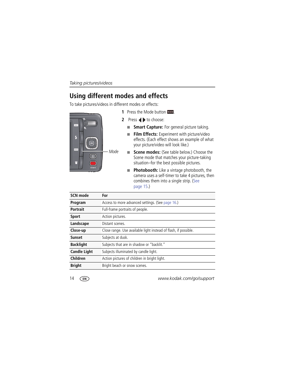 Using different modes and effects | Kodak M532 User Manual | Page 20 / 70