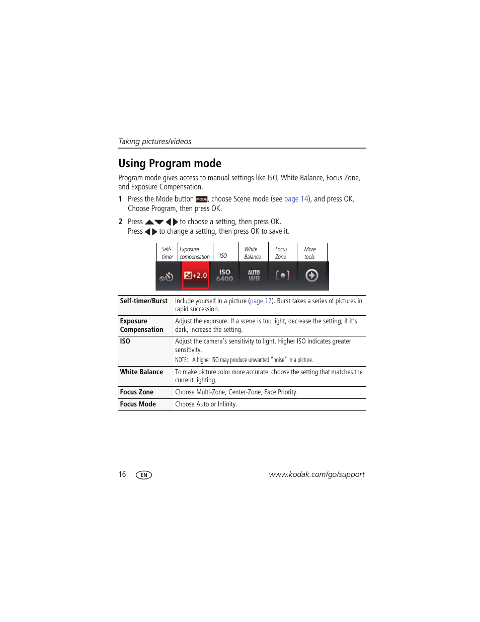 Using program mode | Kodak M532 User Manual | Page 22 / 70