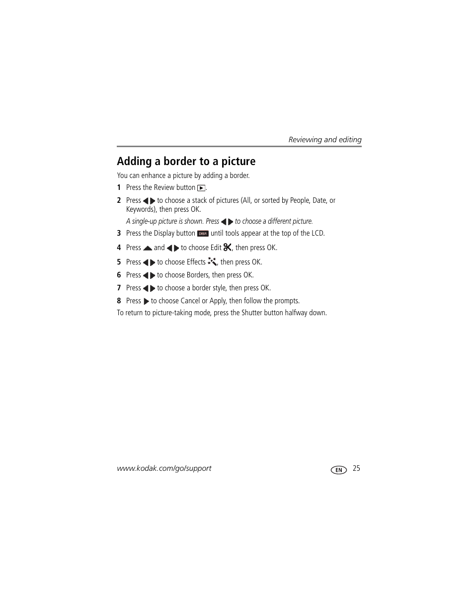 Adding a border to a picture | Kodak M532 User Manual | Page 31 / 70