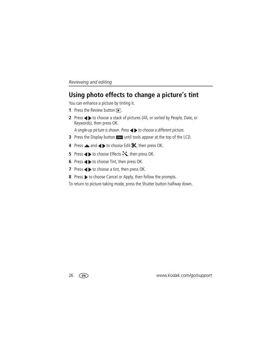 Using photo effects to change a picture’s tint | Kodak M532 User Manual | Page 32 / 70