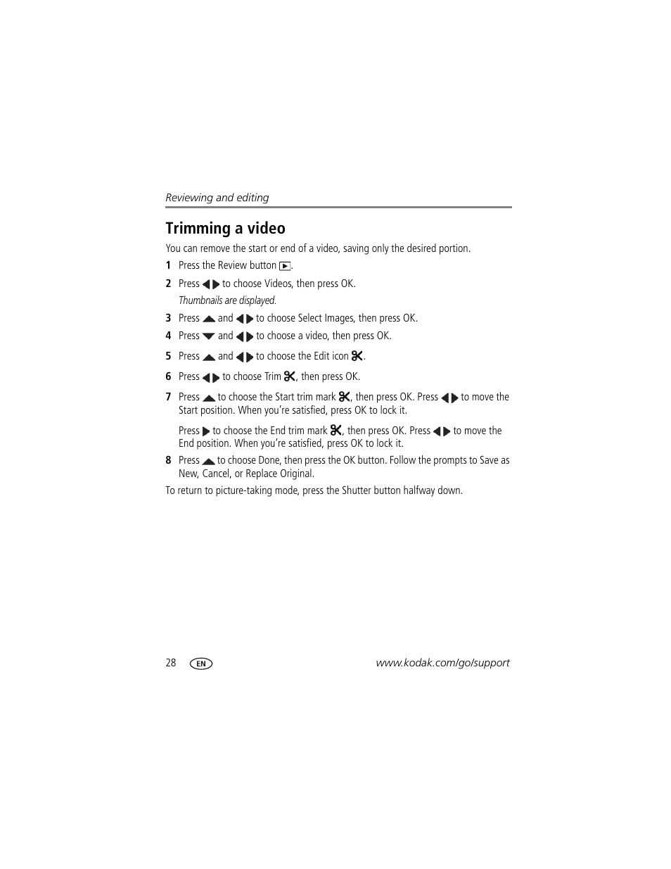 Trimming a video | Kodak M532 User Manual | Page 34 / 70