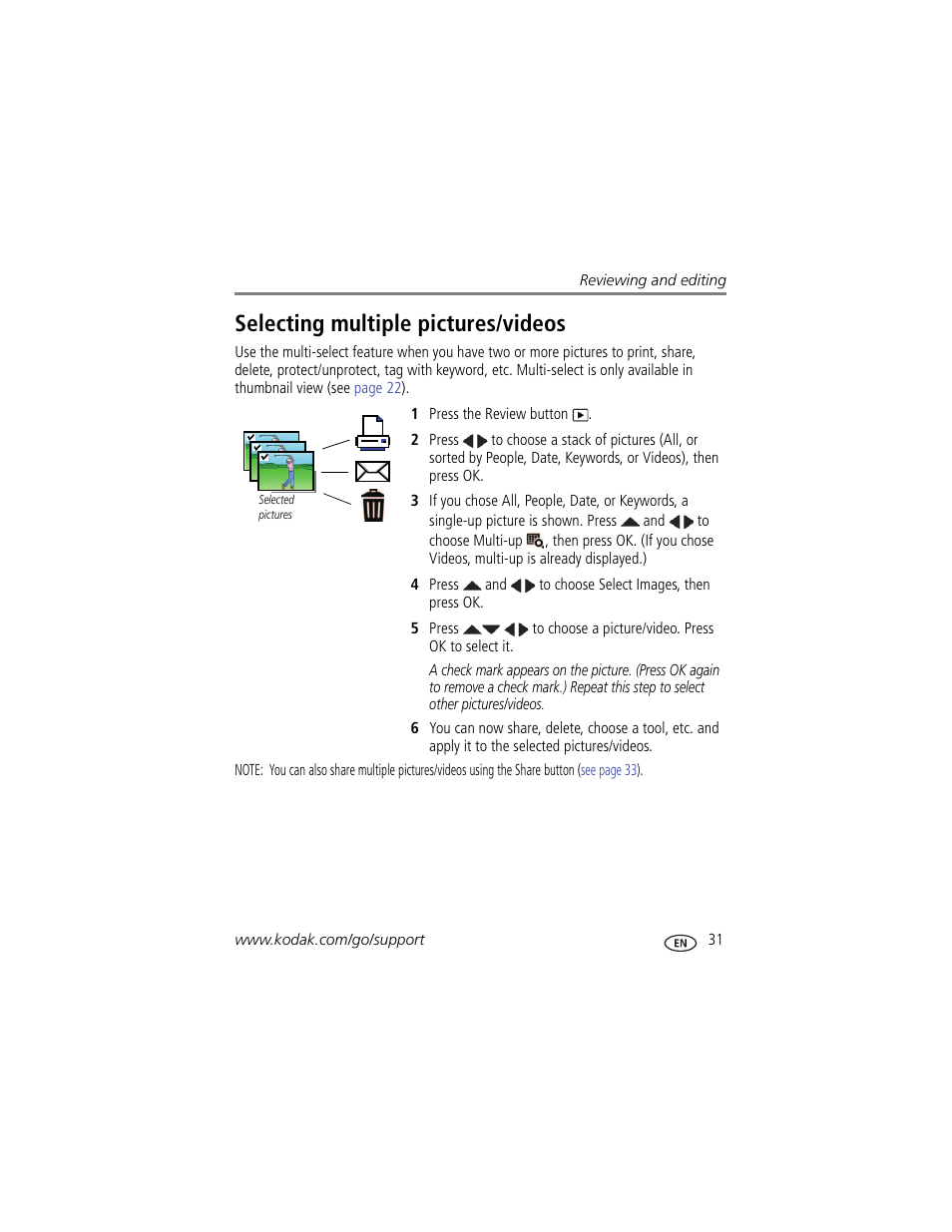 Selecting multiple pictures/videos | Kodak M532 User Manual | Page 37 / 70