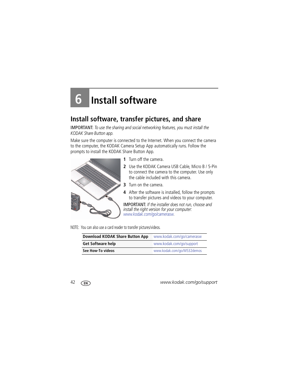 Install software, Install software, transfer pictures, and share, 6 install software | Kodak M532 User Manual | Page 48 / 70