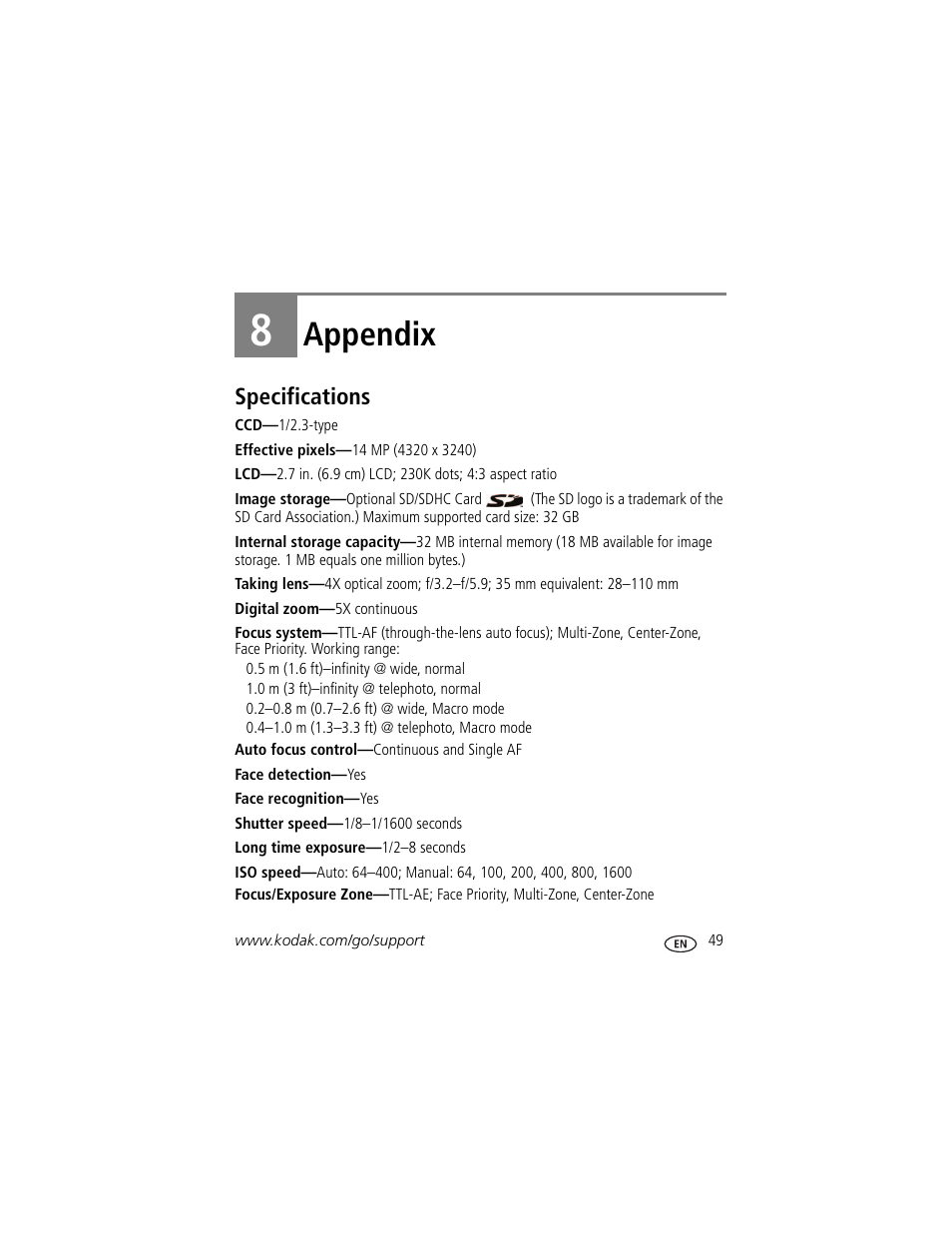 Appendix, Specifications, 8 appendix | Kodak M532 User Manual | Page 55 / 70