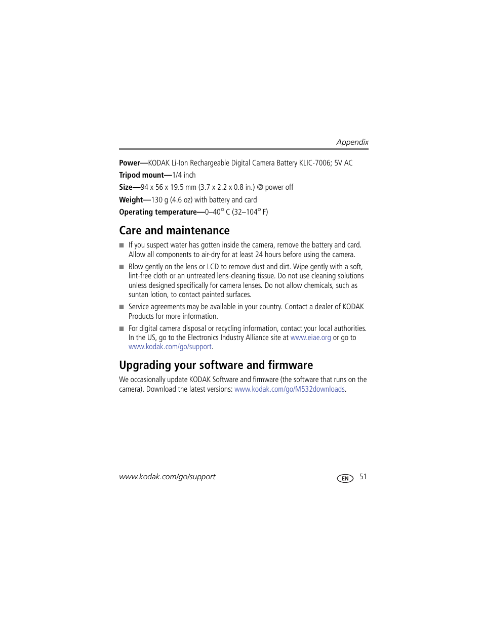 Care and maintenance, Upgrading your software and firmware, The lens | Kodak M532 User Manual | Page 57 / 70