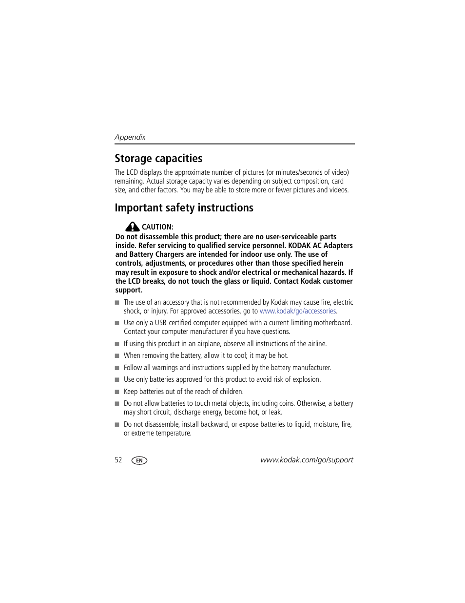 Important safety instructions, Storage capacities important safety instructions, Storage capacities | Kodak M532 User Manual | Page 58 / 70