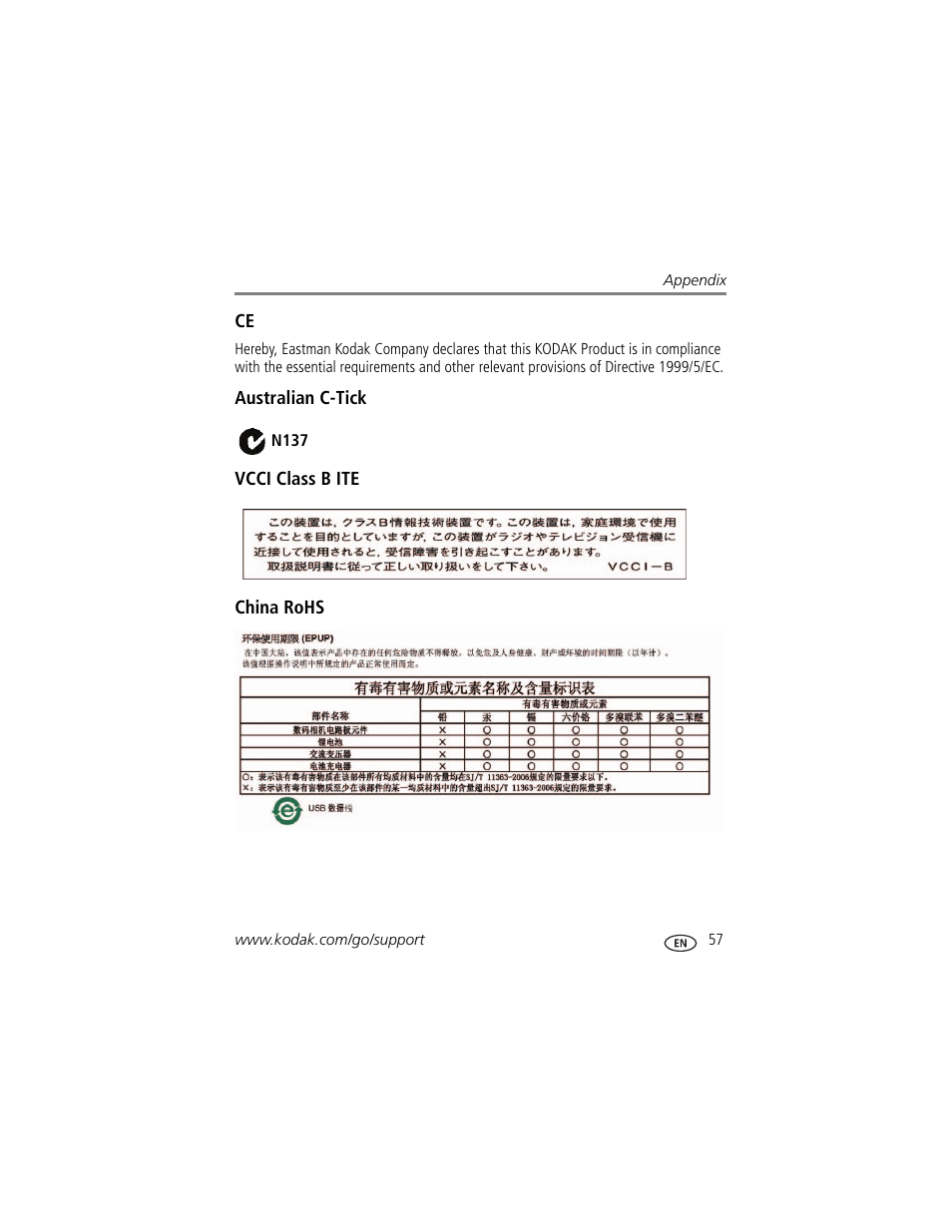 Australian c-tick, Vcci class b ite, China rohs | Kodak M532 User Manual | Page 63 / 70