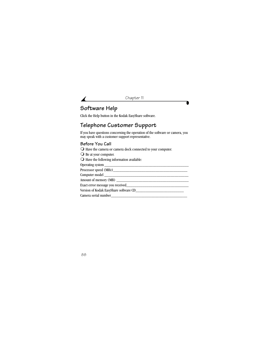 Software help, Telephone customer support, Before you call | Software help telephone customer support | Kodak CX6330 User Manual | Page 100 / 120