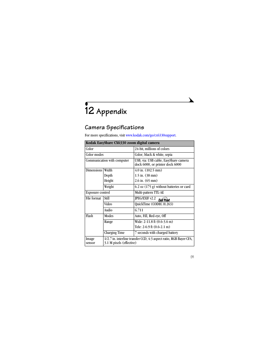 12 appendix, Camera specifications, Appendix | Kodak CX6330 User Manual | Page 103 / 120