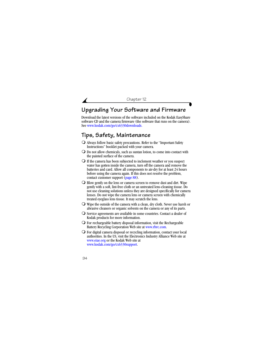 Upgrading your software and firmware, Tips, safety, maintenance | Kodak CX6330 User Manual | Page 106 / 120