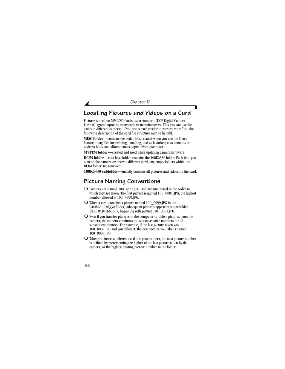 Locating pictures and videos on a card, Picture naming conventions | Kodak CX6330 User Manual | Page 108 / 120