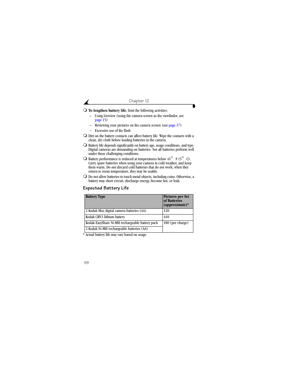 Expected battery life | Kodak CX6330 User Manual | Page 110 / 120