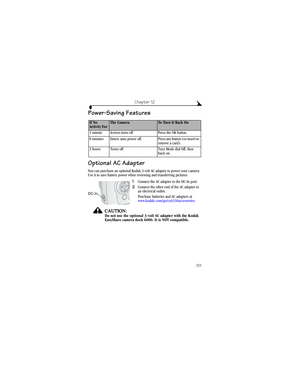 Power-saving features, Optional ac adapter, Power-saving features optional ac adapter | Kodak CX6330 User Manual | Page 111 / 120