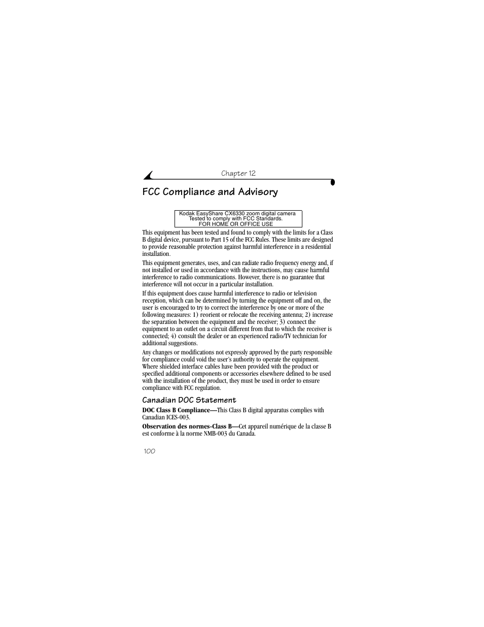 Fcc compliance and advisory, Canadian doc statement | Kodak CX6330 User Manual | Page 112 / 120