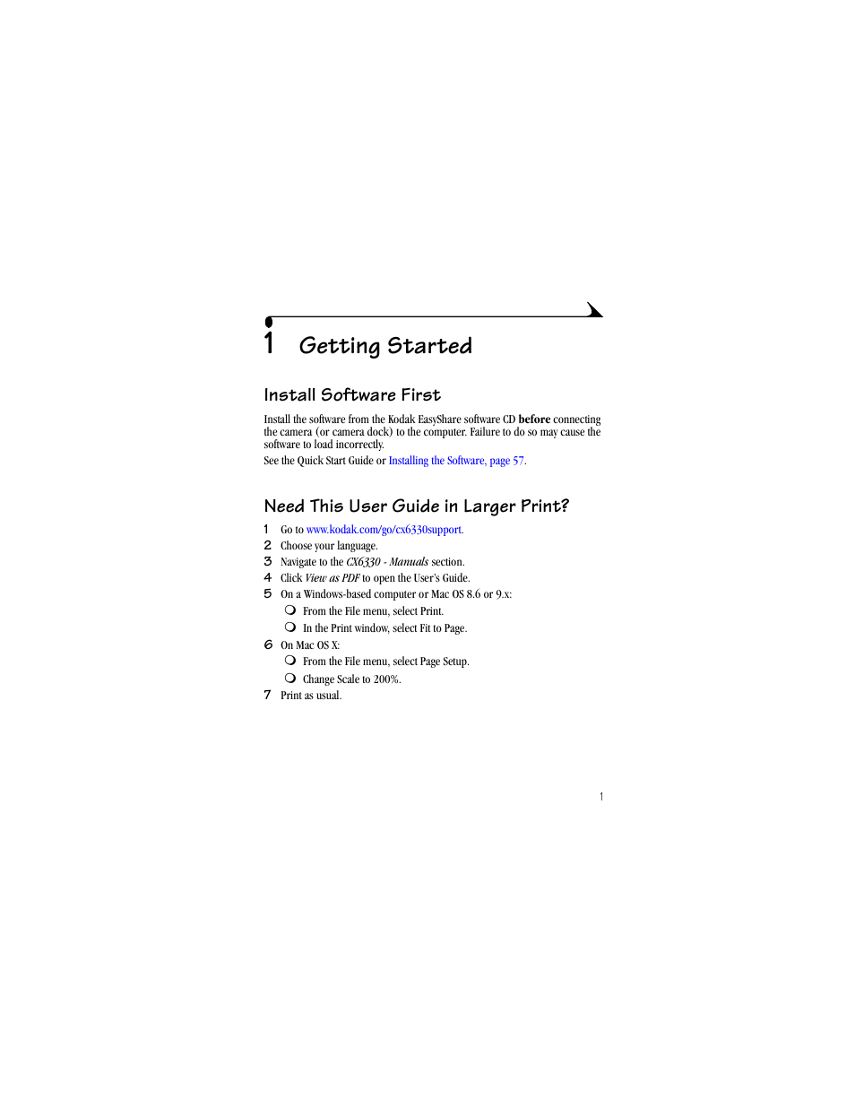 1 getting started, Install software first, Need this user guide in larger print | Getting started | Kodak CX6330 User Manual | Page 13 / 120
