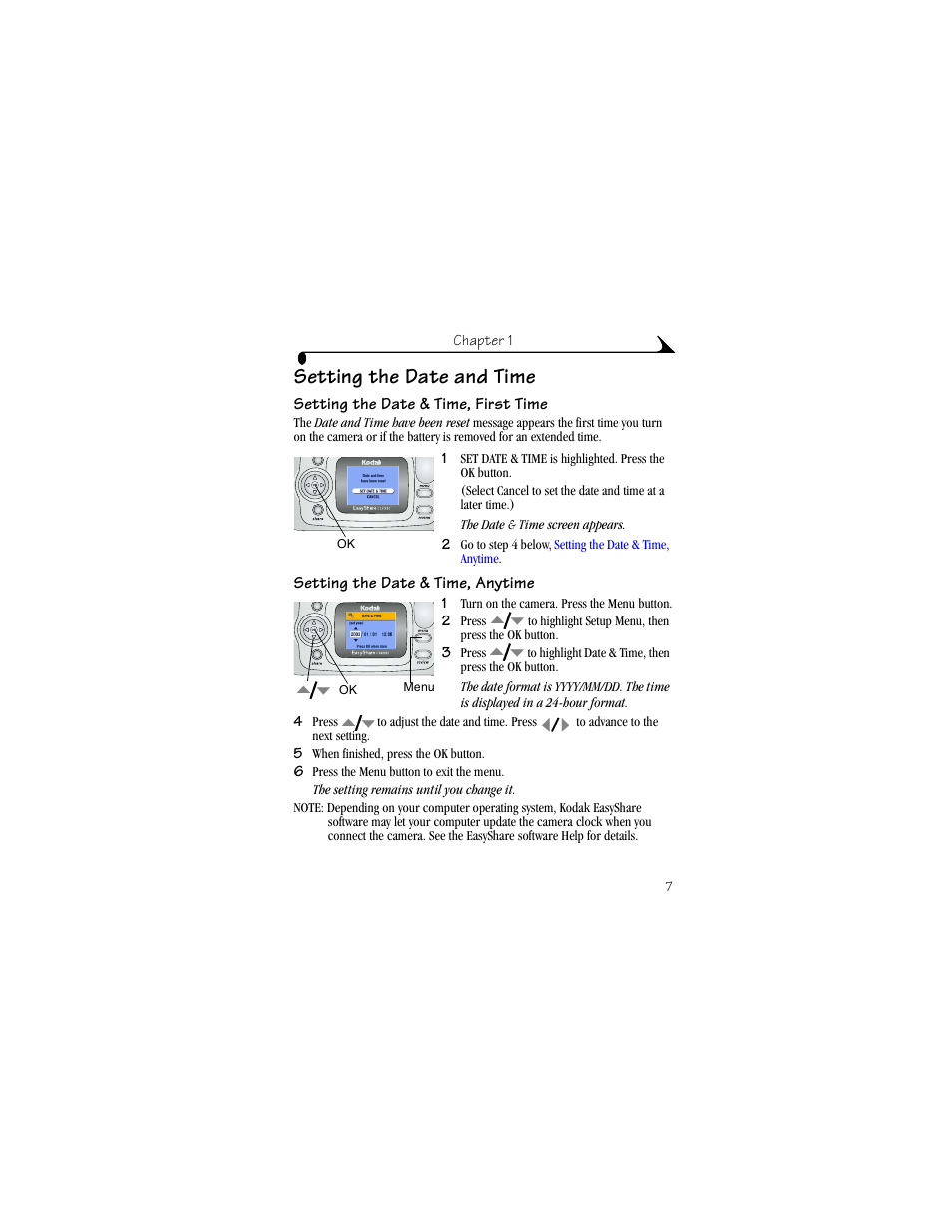 Setting the date and time, Setting the date & time, first time, Setting the date & time, anytime | Kodak CX6330 User Manual | Page 19 / 120