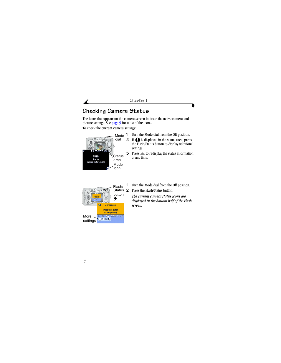 Checking camera status | Kodak CX6330 User Manual | Page 20 / 120