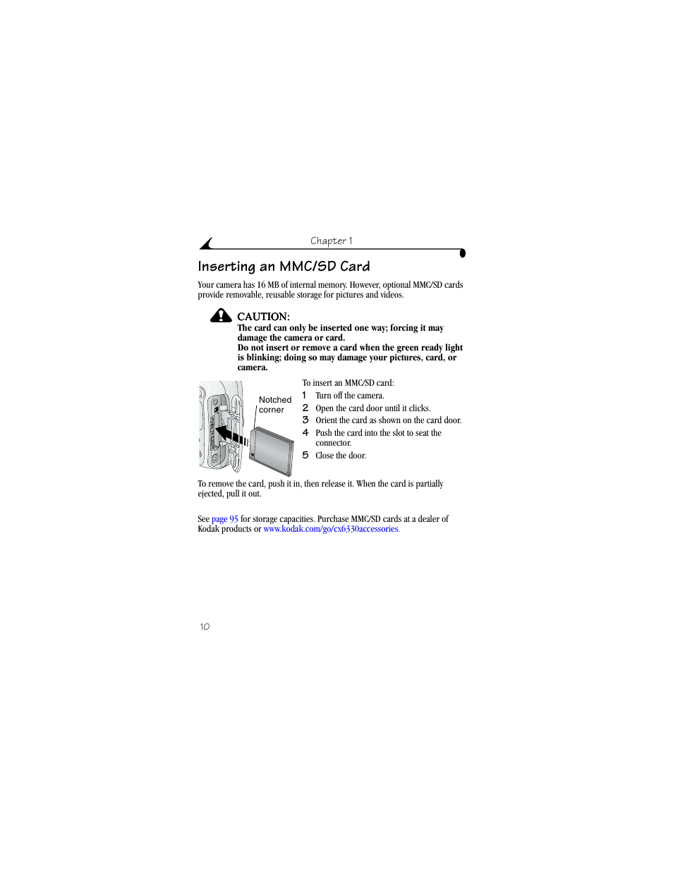 Inserting an mmc/sd card | Kodak CX6330 User Manual | Page 22 / 120