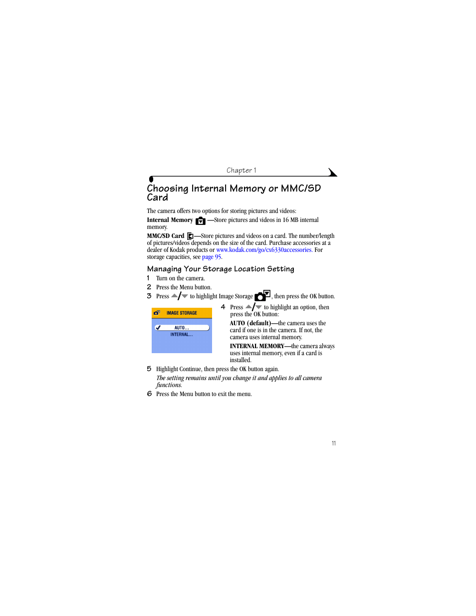 Choosing internal memory or mmc/sd card, Managing your storage location setting | Kodak CX6330 User Manual | Page 23 / 120